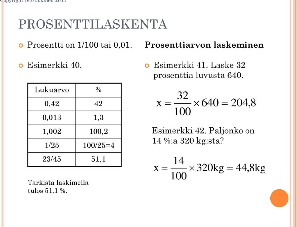 laskimella tulos 51,1 %. Prosenttiarvon laskeminen Esimerkki 41.