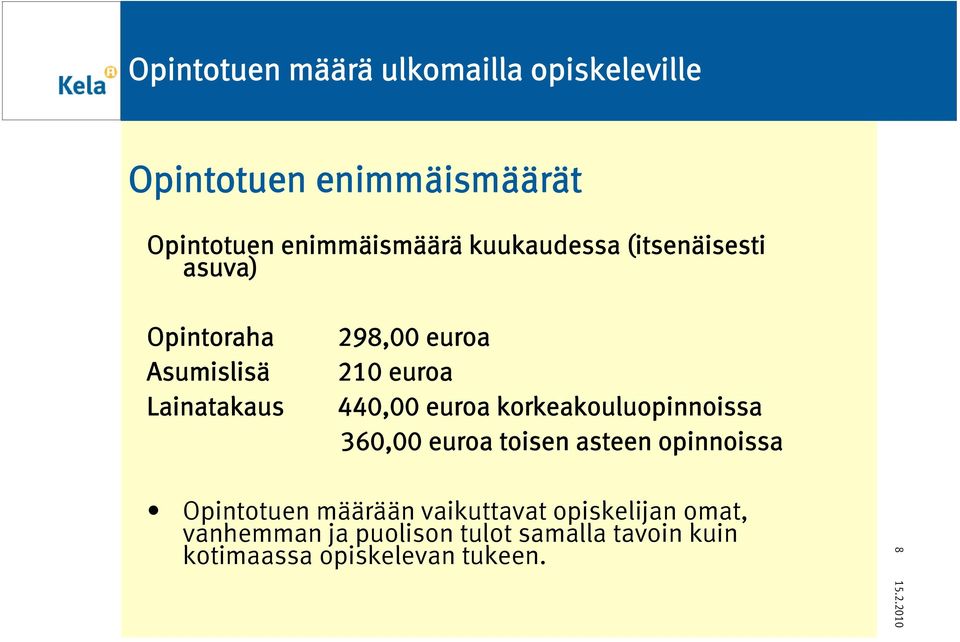 euroa korkeakouluopinnoissa 360,00 euroa toisen asteen opinnoissa Opintotuen määrään vaikuttavat