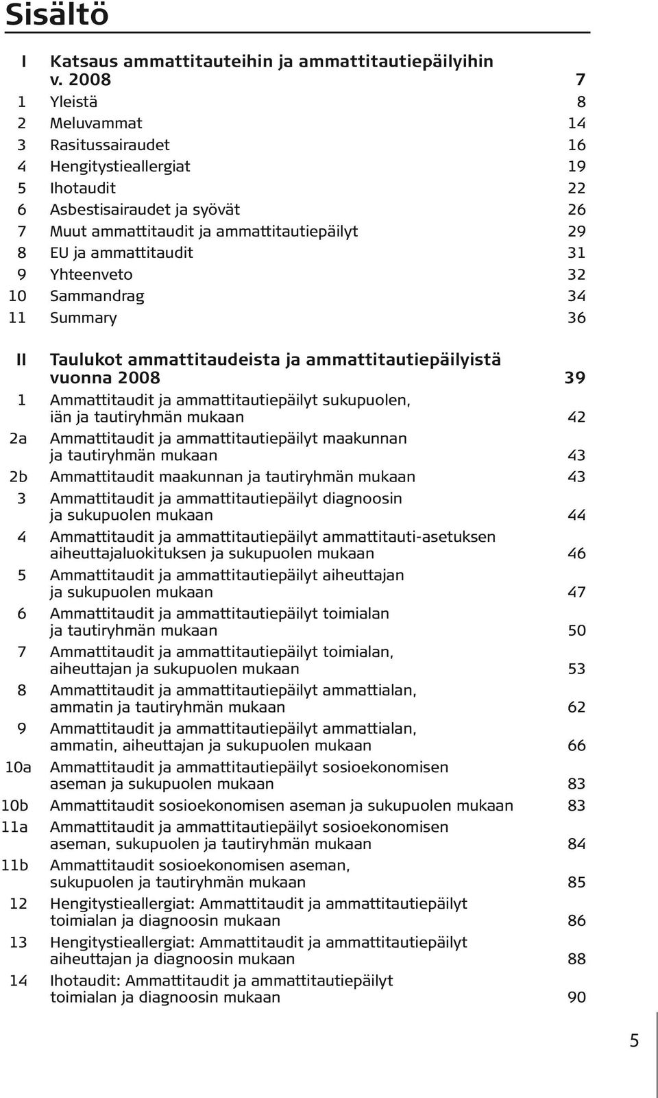 31 9 Yhteenveto 32 10 Sammandrag 34 11 Summary 36 II Taulukot ammattitaudeista ja ammattitautiepäilyistä vuonna 2008 39 1 Ammattitaudit ja ammattitautiepäilyt sukupuolen, iän ja tautiryhmän mukaan 42
