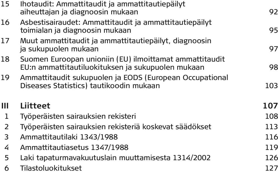 mukaan 98 19 Ammattitaudit sukupuolen ja EODS (European Occupational Diseases Statistics) tautikoodin mukaan 103 III Liitteet 107 1 Työperäisten sairauksien rekisteri 108 2 Työperäisten
