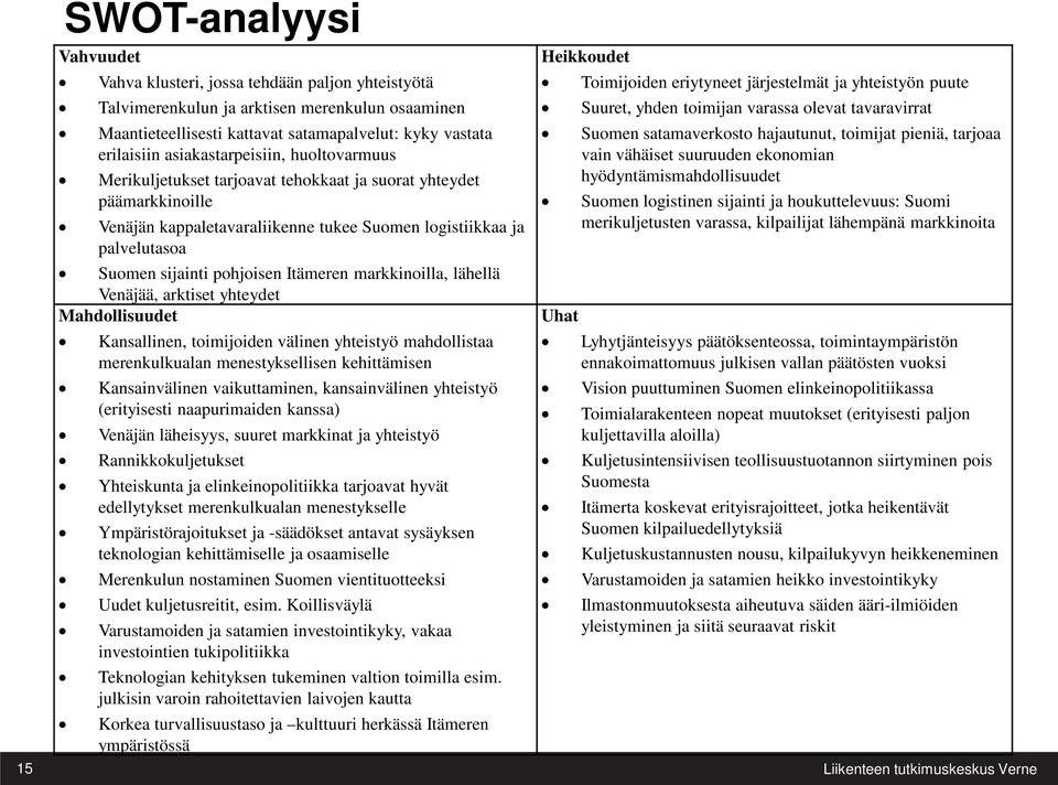 pohjoisen Itämeren markkinoilla, lähellä Venäjää, arktiset yhteydet Mahdollisuudet Kansallinen, toimijoiden välinen yhteistyö mahdollistaa merenkulkualan menestyksellisen kehittämisen Kansainvälinen