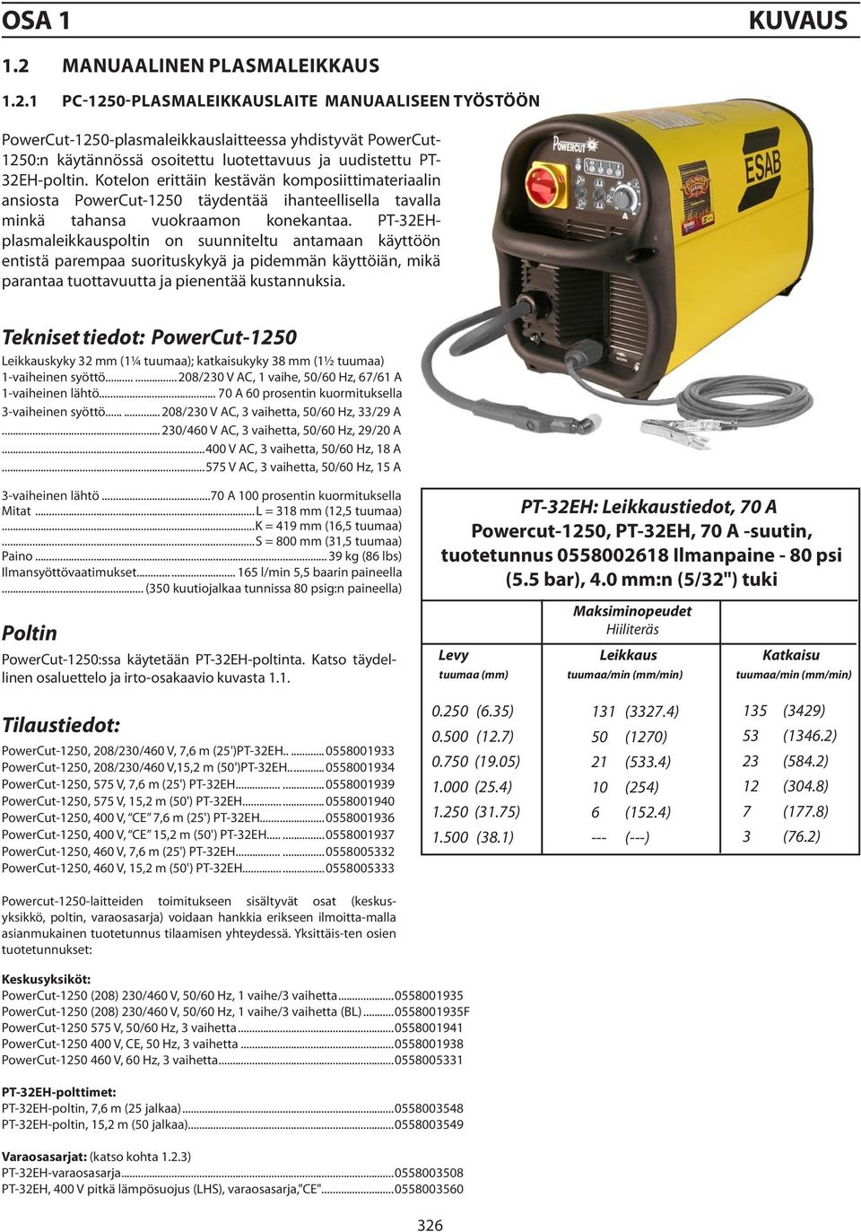 1 PC-1250-PLASMALEIKKAUSLAITE MANUAALISEeN TYÖSTÖÖN PowerCut-1250-plasmaleikkauslaitteessa yhdistyvät PowerCut- 1250:n käytännössä osoitettu luotettavuus ja uudistettu PT- 32EH-poltin.