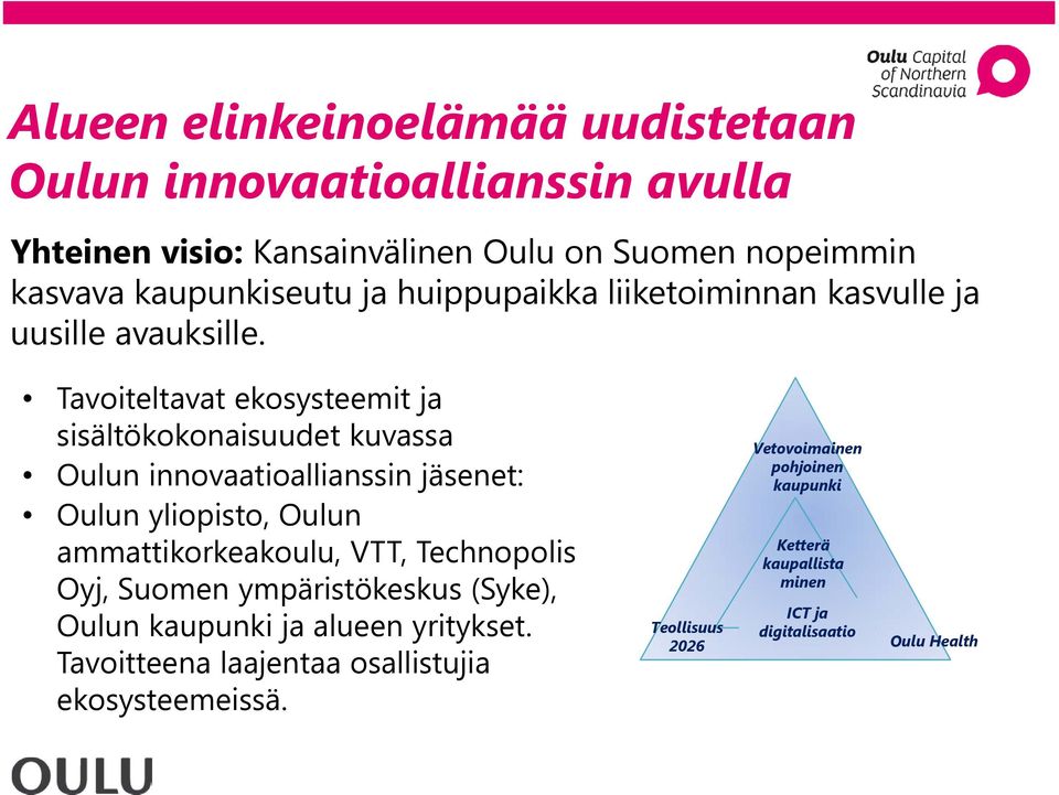 Tavoiteltavat ekosysteemit ja sisältökokonaisuudet kuvassa Oulun innovaatioallianssin jäsenet: Oulun yliopisto, Oulun ammattikorkeakoulu, VTT,