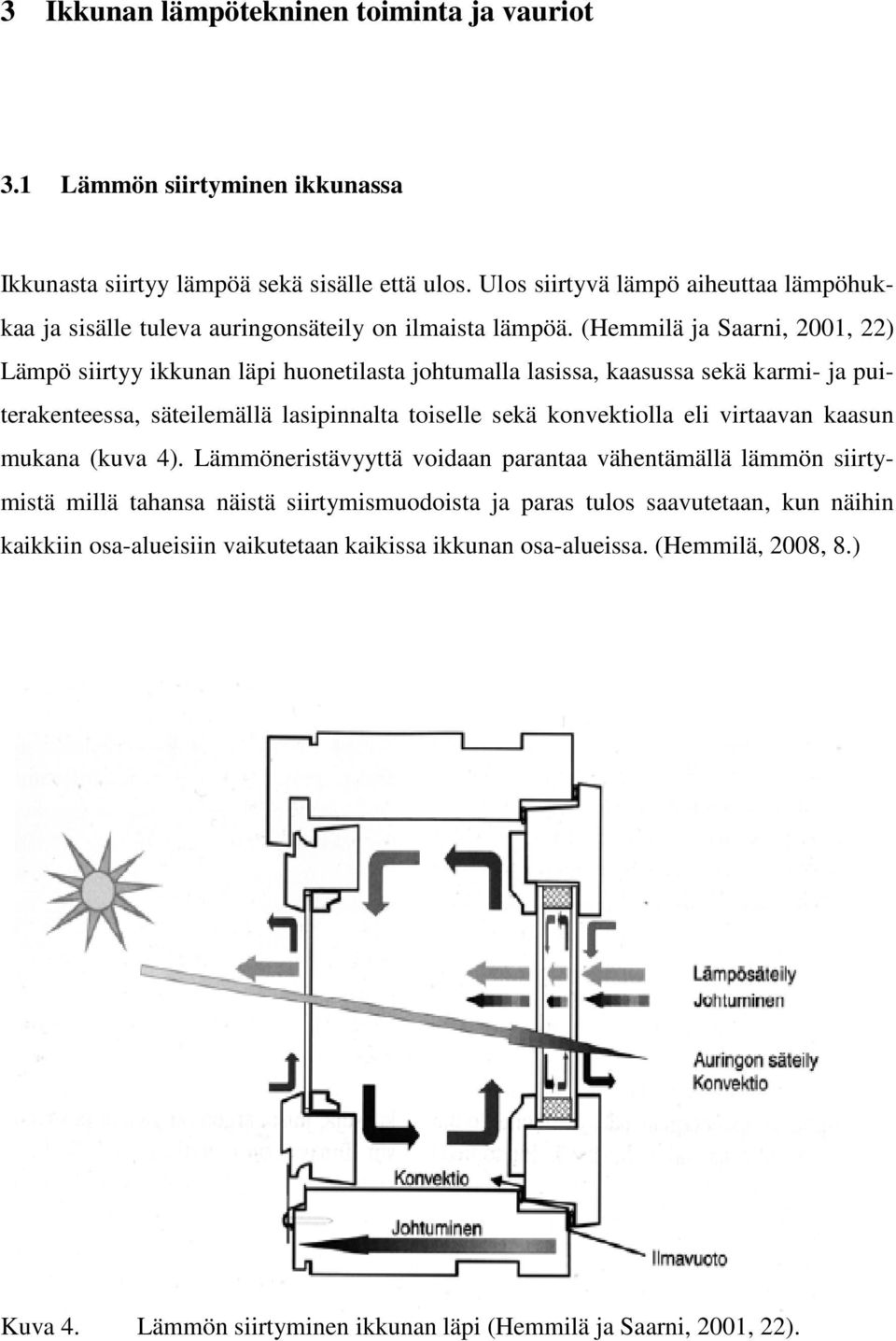 (Hemmilä ja Saarni, 2001, 22) Lämpö siirtyy ikkunan läpi huonetilasta johtumalla lasissa, kaasussa sekä karmi- ja puiterakenteessa, säteilemällä lasipinnalta toiselle sekä konvektiolla