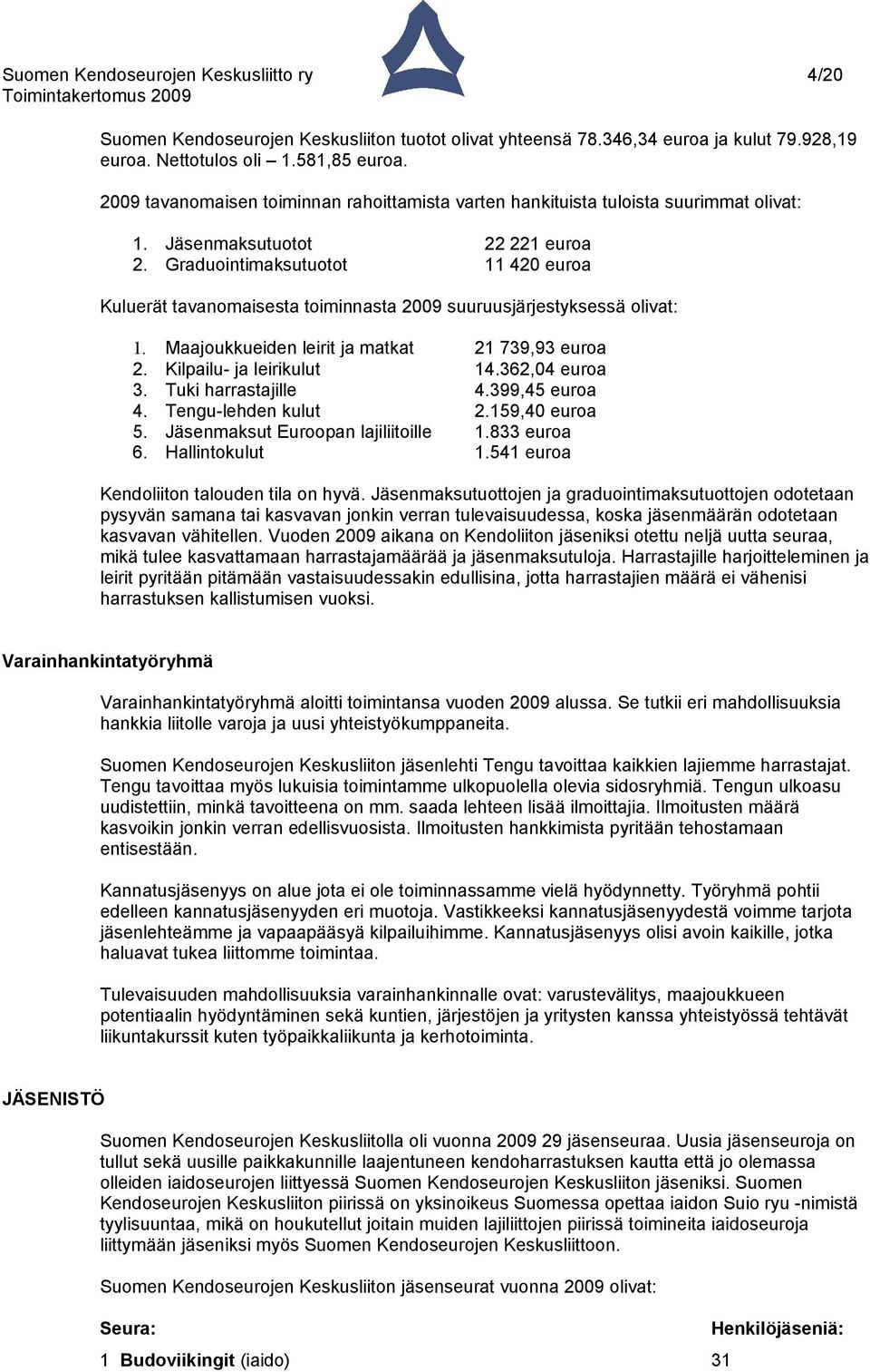 Graduointimaksutuotot 11 420 euroa Kuluerät tavanomaisesta toiminnasta 2009 suuruusjärjestyksessä olivat: 1. Maajoukkueiden leirit ja matkat 21 739,93 euroa 2. Kilpailu- ja leirikulut 14.