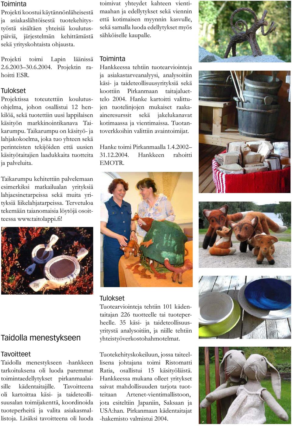 Projektissa toteutettiin koulutusohjelma, johon osallistui 12 henkilöä, sekä tuotettiin uusi lappilaisen käsityön markkinointikanava Taikarumpu.