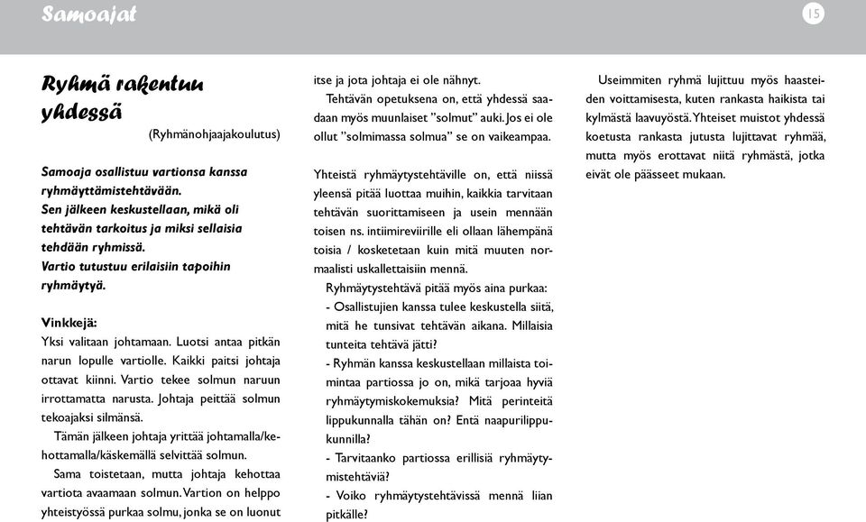 Luotsi antaa pitkän narun lopulle vartiolle. Kaikki paitsi johtaja ottavat kiinni. Vartio tekee solmun naruun irrottamatta narusta. Johtaja peittää solmun tekoajaksi silmänsä.