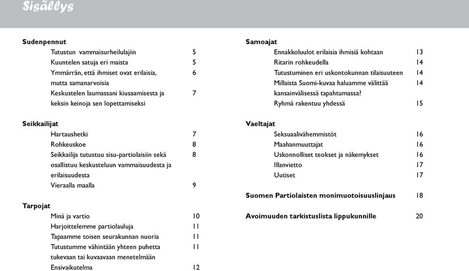 Minä ja vartio 10 Harjoittelemme partiolauluja 11 Tapaamme toisen seurakunnan nuoria 11 Tutustumme vähintään yhteen puhetta 11 tukevaan tai kuvaavaan menetelmään Ensivaikutelma 12 Samoajat