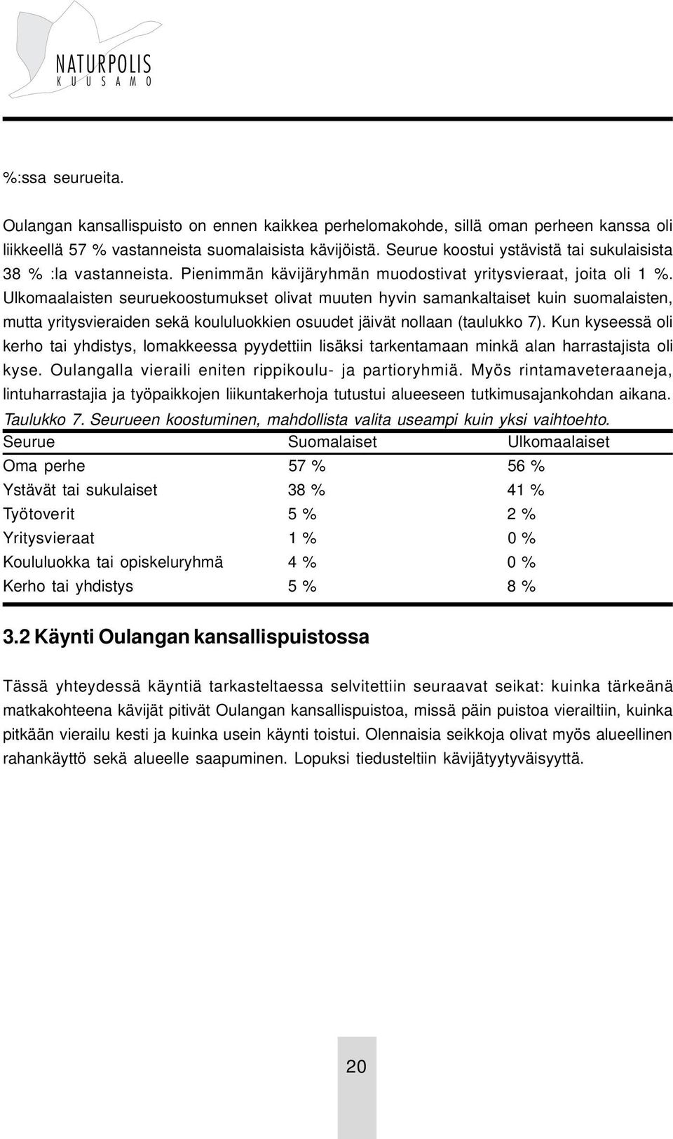 Ulkomaalaisten seuruekoostumukset olivat muuten hyvin samankaltaiset kuin suomalaisten, mutta yritysvieraiden sekä koululuokkien osuudet jäivät nollaan (taulukko 7).