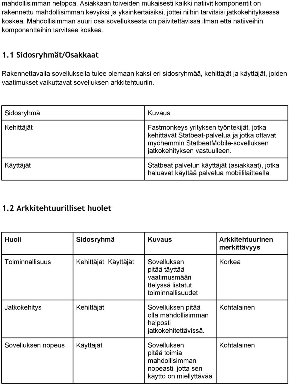 1 Sidosryhmät/Osakkaat Rakennettavalla sovelluksella tulee olemaan kaksi eri sidosryhmää, kehittäjät ja käyttäjät, joiden vaatimukset vaikuttavat sovelluksen arkkitehtuuriin.