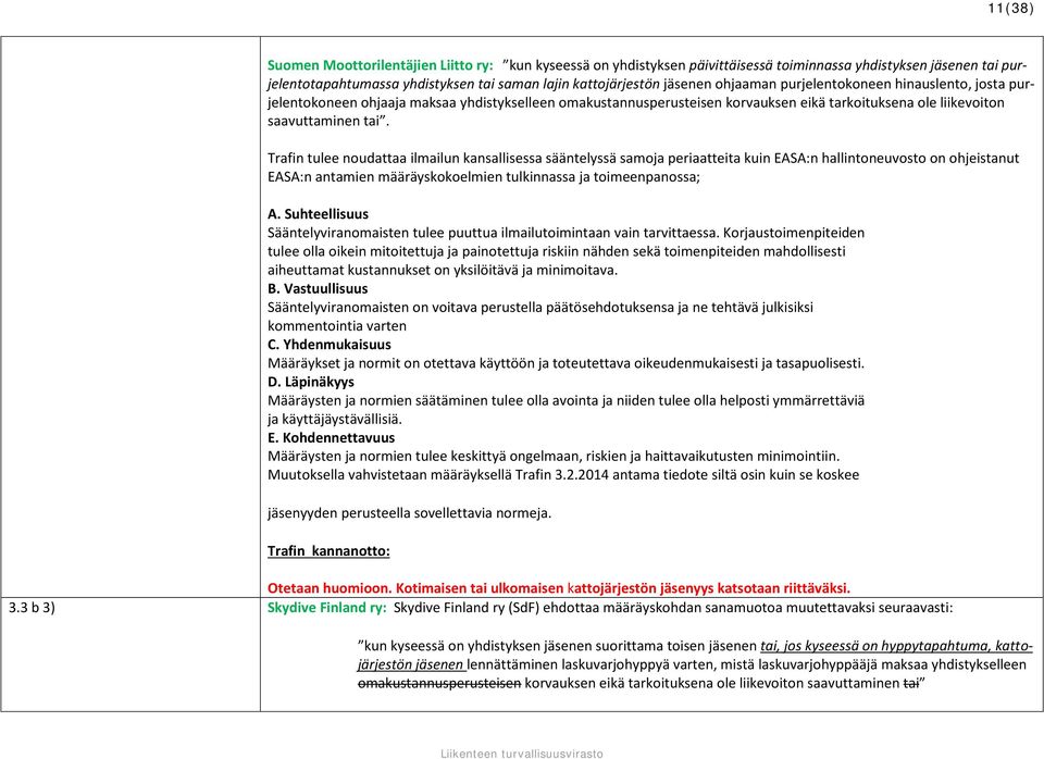 Trafin tulee noudattaa ilmailun kansallisessa sääntelyssä samoja periaatteita kuin EASA:n hallintoneuvosto on ohjeistanut EASA:n antamien määräyskokoelmien tulkinnassa ja toimeenpanossa; A.