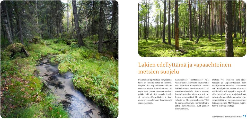 Lisäksi metsäsertifiointikriteerit kannustavat suojelemaan luontoarvoja vapaaehtoisesti. Lakisääteiset luontokohteet rajataan yleensä hakkuita suunniteltaessa leimikon ulkopuolelle.
