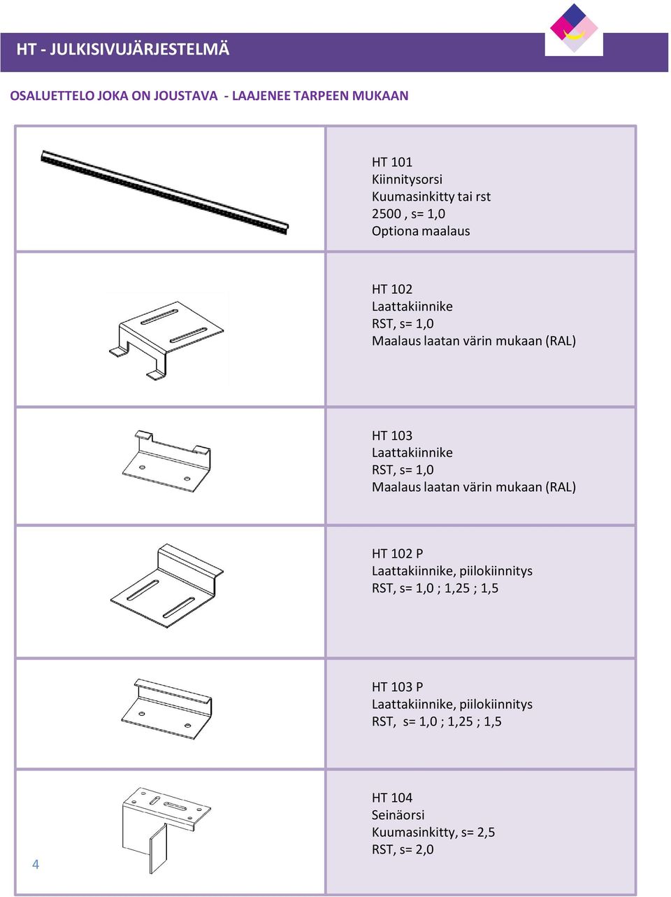 s= 1,0 Maalaus laatan värin mukaan (RAL) HT 102 P Laattakiinnike, piilokiinnitys RST, s= 1,0 ; 1,25 ; 1,5 HT