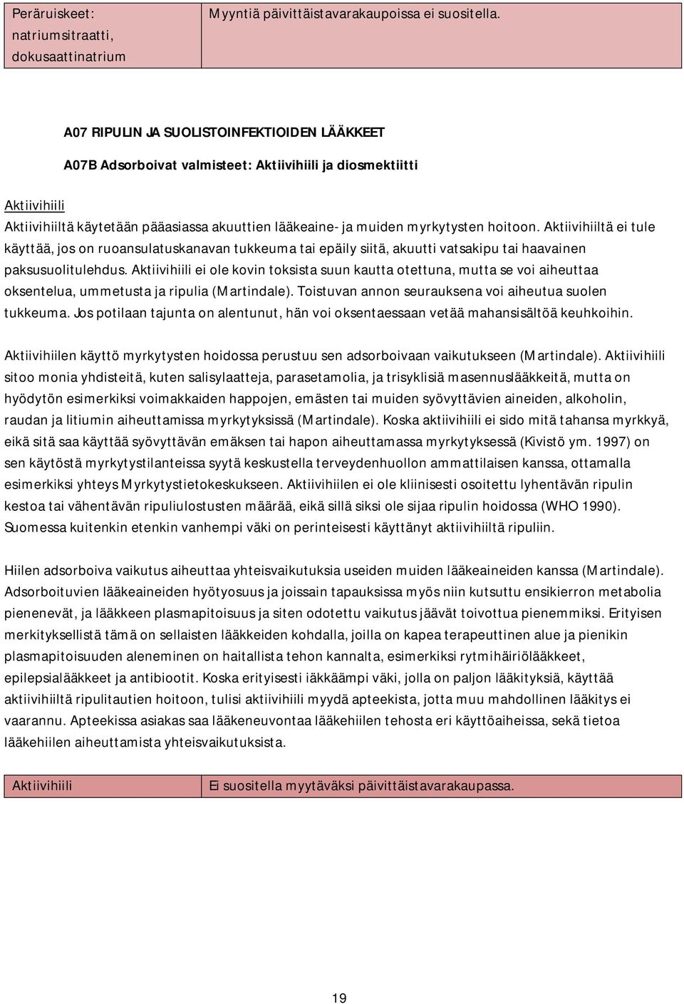 Aktiivihiili ei ole kovin toksista suun kautta otettuna, mutta se voi aiheuttaa oksentelua, ummetusta ja ripulia (Martindale). Toistuvan annon seurauksena voi aiheutua suolen tukkeuma.