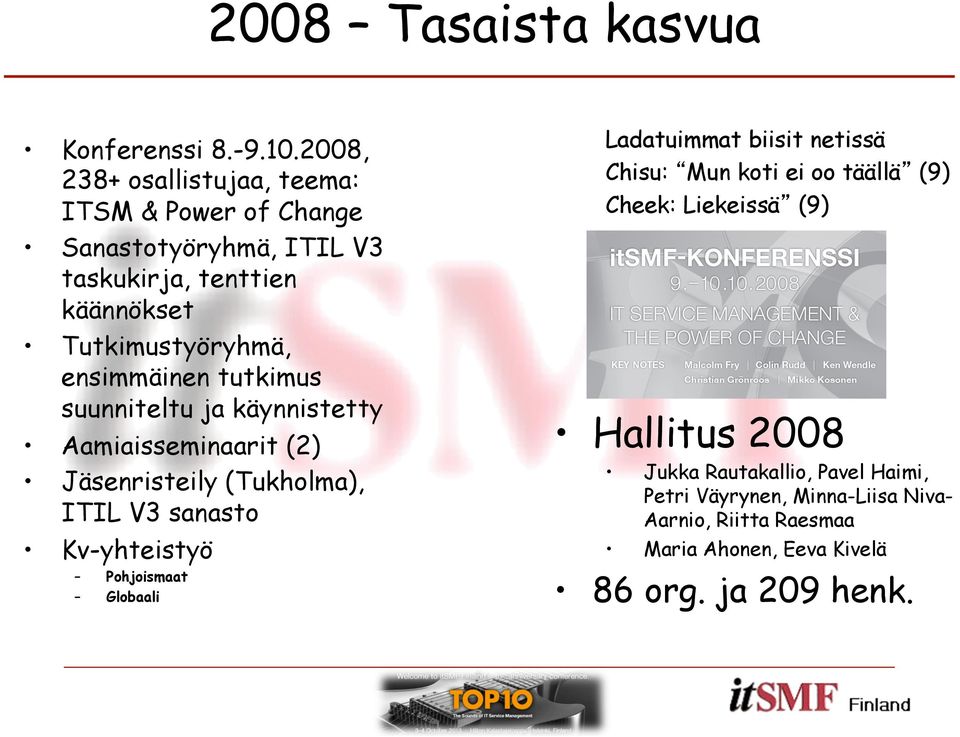 ensimmäinen tutkimus suunniteltu ja käynnistetty Aamiaisseminaarit (2) Jäsenristeily (Tukholma), ITIL V3 sanasto Kv-yhteistyö