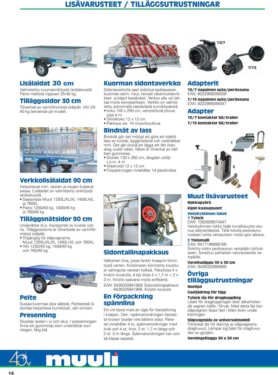 Saatavissa Muuli 1250L/XL/Xi, 1400LH/L ja 760KL Paino 1250/40 kg, 1400/45 kg ja 760/40 kg Tilläggsnätsidor 90 cm Underlättar bl.a. transporter av kvistar och ris.
