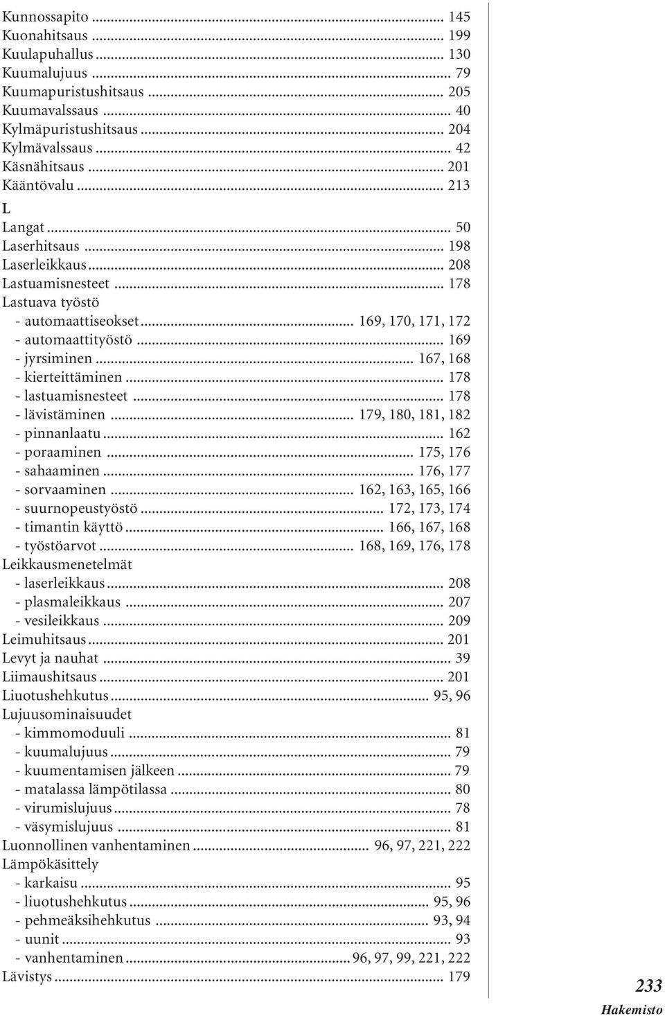 .. 167, 168 - kierteittäminen... 178 - lastuamisnesteet... 178 - lävistäminen... 179, 180, 181, 182 - pinnanlaatu... 162 - poraaminen... 175, 176 - sahaaminen... 176, 177 - sorvaaminen.