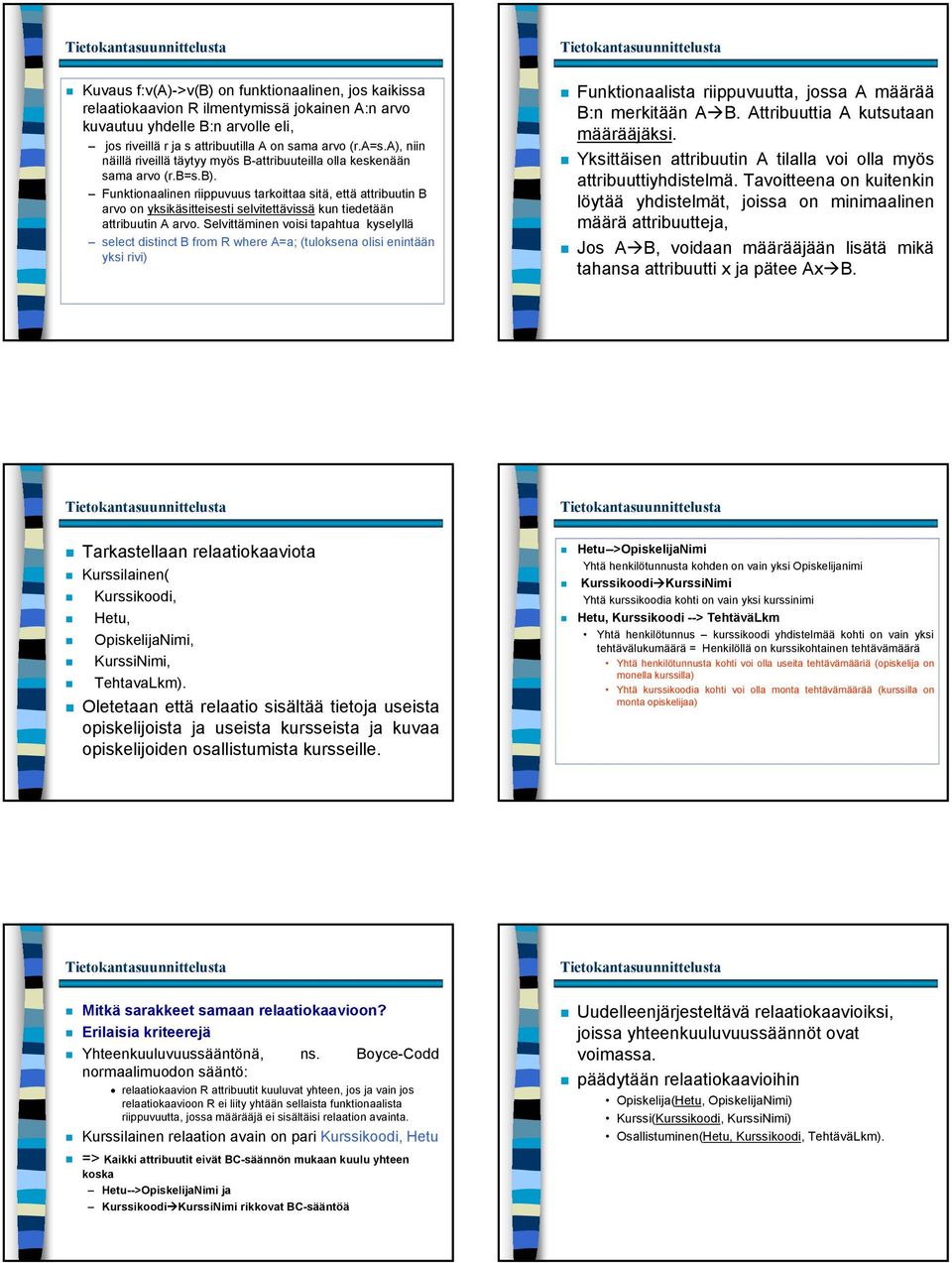 Funktionaalinen riippuvuus tarkoittaa sitä, että attribuutin B on ykssitteisesti selvitettävissä kun tiedetään attribuutin A.