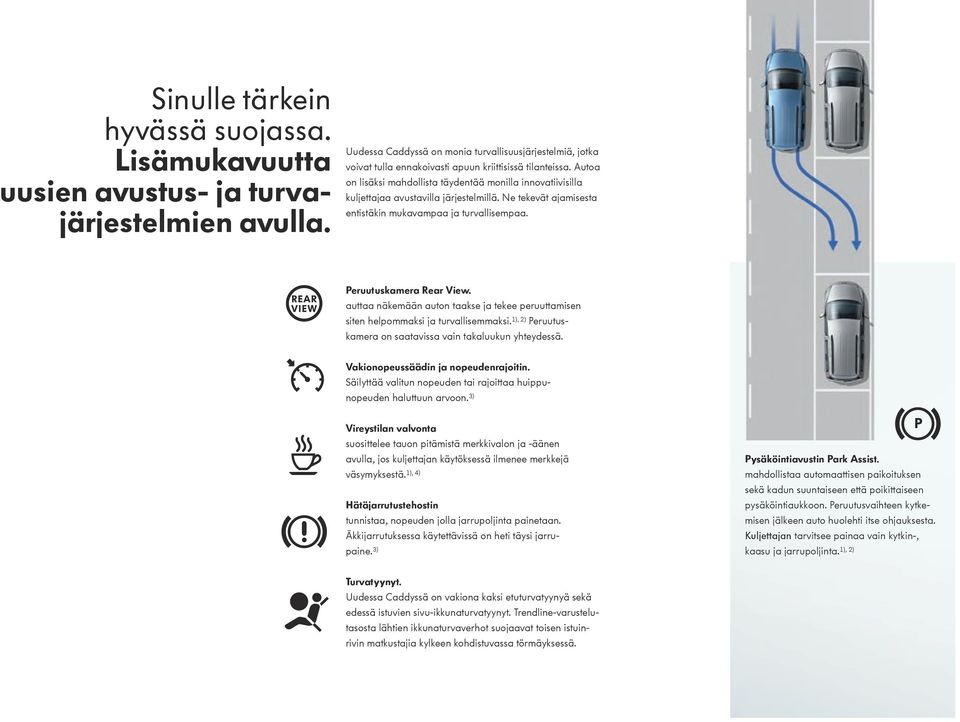 Autoa on lisäksi mahdollista täydentää monilla innovatiivisilla kuljettajaa avustavilla järjestelmillä. Ne tekevät ajamisesta entistäkin mukavampaa ja turvallisempaa. Peruutuskamera Rear View.