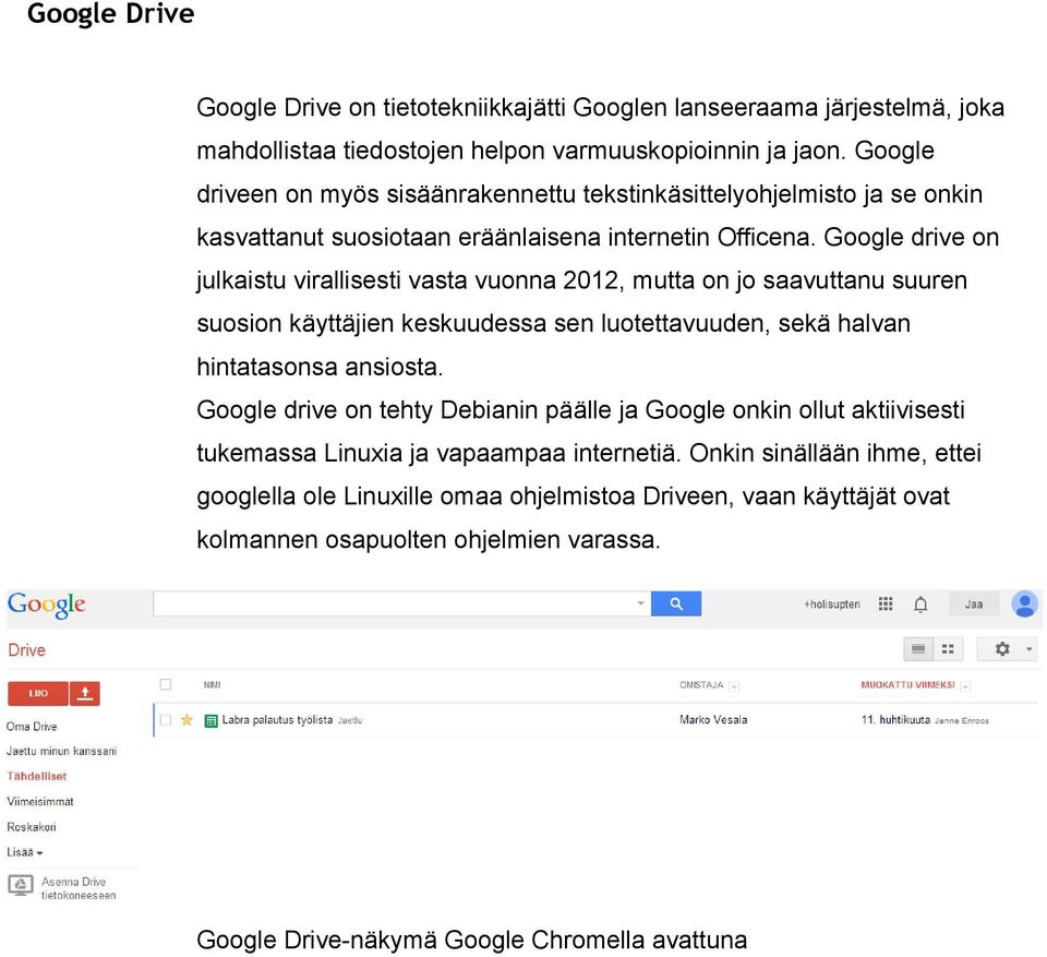 Google drive on julkaistu virallisesti vasta vuonna 2012, mutta on jo saavuttanu suuren suosion käyttäjien keskuudessa sen luotettavuuden, sekä halvan hintatasonsa ansiosta.