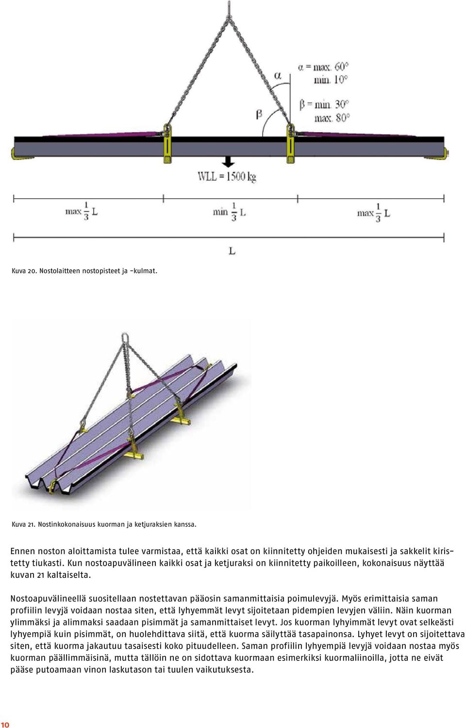 Kun nostoapuvälineen kaikki osat ja ketjuraksi on kiinnitetty paikoilleen, kokonaisuus näyttää kuvan 21 kaltaiselta. Nostoapuvälineellä suositellaan nostettavan pääosin samanmittaisia poimulevyjä.