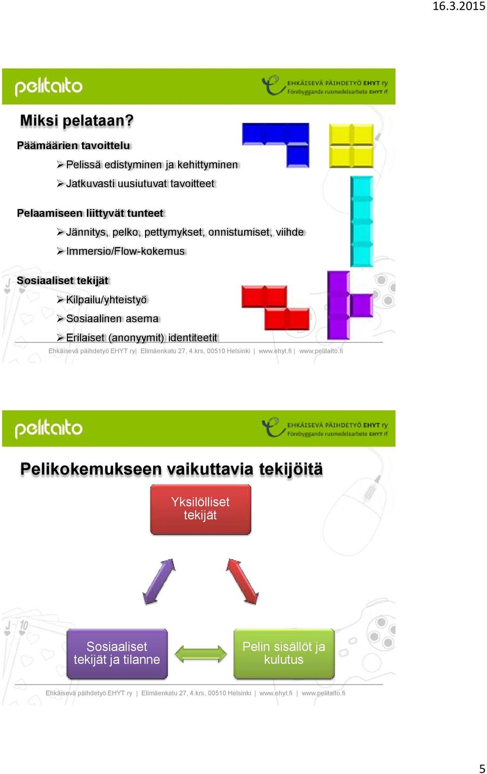 Jännitys, pelko, pettymykset, onnistumiset, viihde Immersio/Flow-kokemus Sosiaaliset tekijät Kilpailu/yhteistyö Sosiaalinen