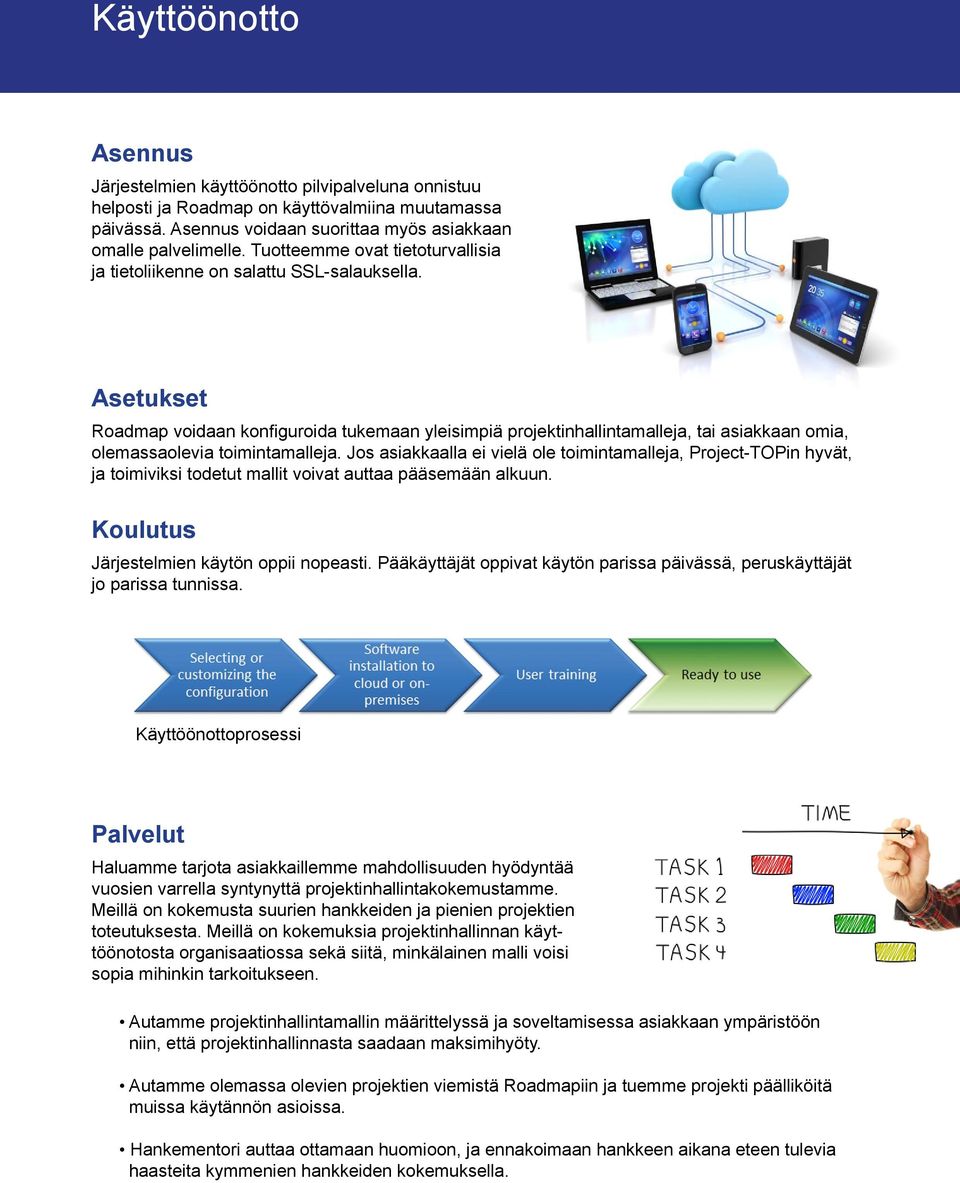 Asetukset Roadmap voidaan konfiguroida tukemaan yleisimpiä projektinhallintamalleja, tai asiakkaan omia, olemassaolevia toimintamalleja.