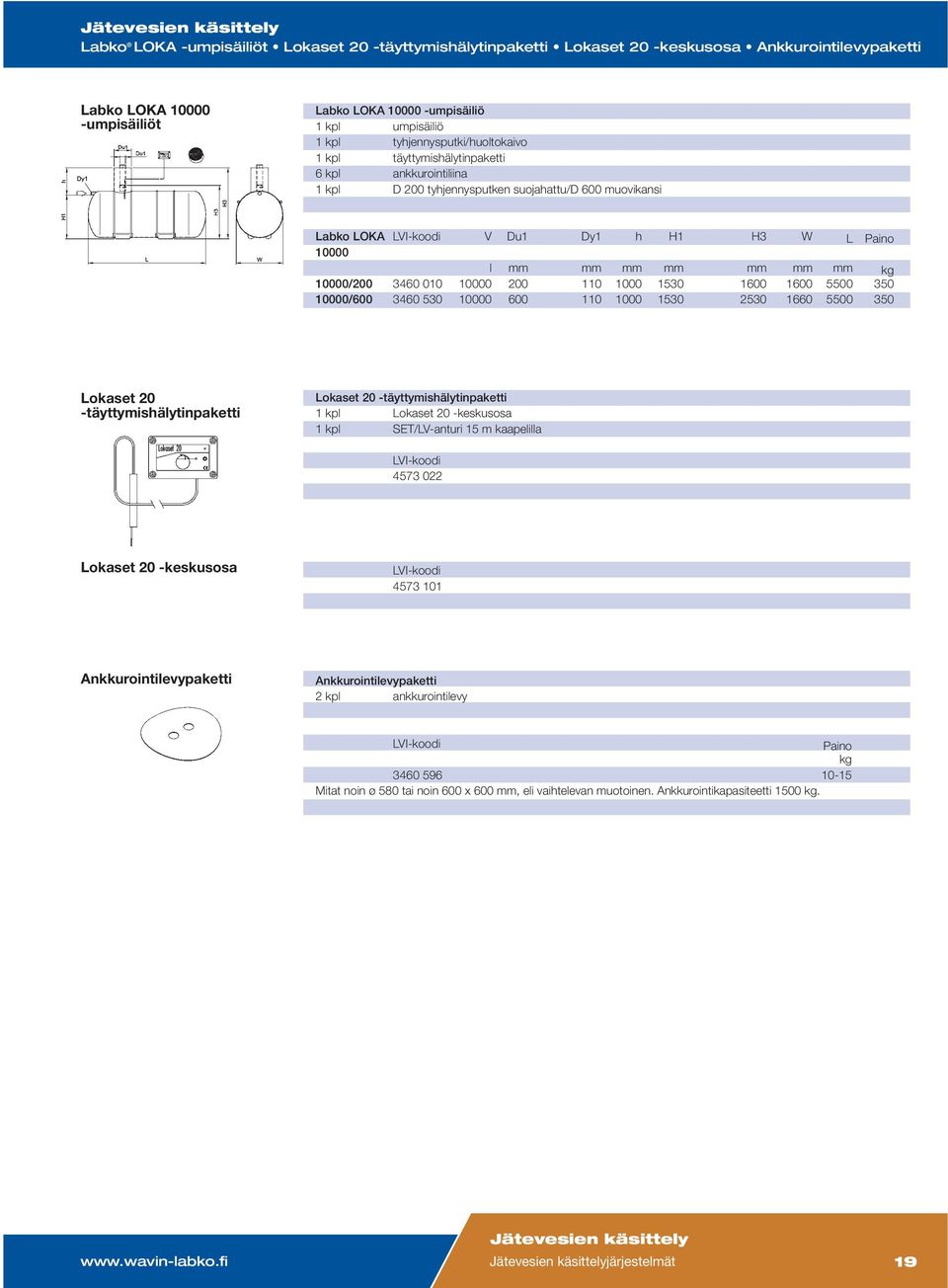 mm mm mm mm mm kg 10000/200 3460 010 10000 200 110 1000 1530 1600 1600 5500 350 10000/600 3460 530 10000 600 110 1000 1530 2530 1660 5500 350 Lokaset 20 -täyttymishälytinpaketti Lokaset 20