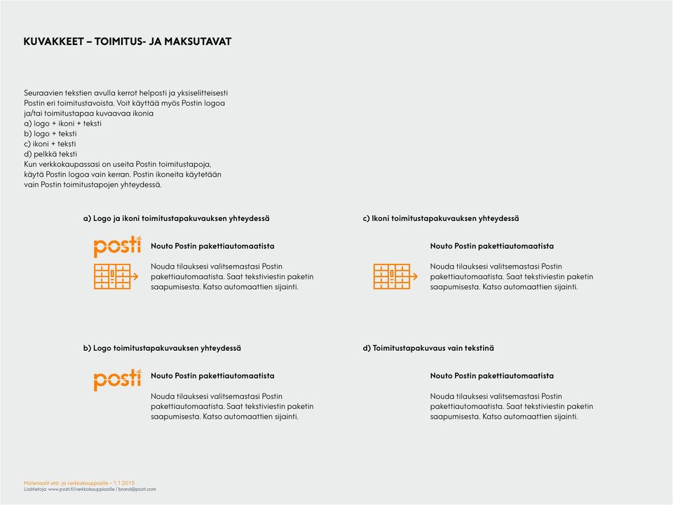 käytä Postin logoa vain kerran. Postin ikoneita käytetään vain Postin toimitustapojen yhteydessä.