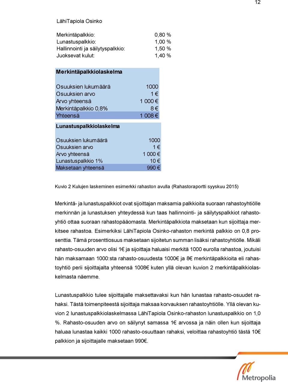 Kulujen laskeminen esimerkki rahaston avulla (Rahastoraportti syyskuu 2015) Merkintä- ja lunastuspalkkiot ovat sijoittajan maksamia palkkioita suoraan rahastoyhtiölle merkinnän ja lunastuksen