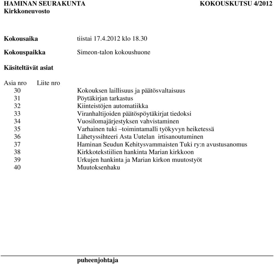 Kiinteistöjen automatiikka 33 Viranhaltijoiden päätöspöytäkirjat tiedoksi 34 Vuosilomajärjestyksen vahvistaminen 35 Varhainen tuki toimintamalli työkyvyn