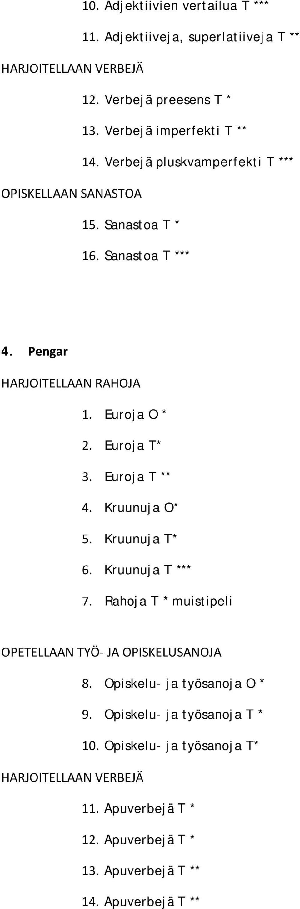 Euroja T ** 4. Kruunuja O* 5. Kruunuja T* 6. Kruunuja T *** 7. Rahoja T * muistipeli OPETELLAAN TYÖ- JA OPISKELUSANOJA 8. Opiskelu- ja työsanoja O * 9.