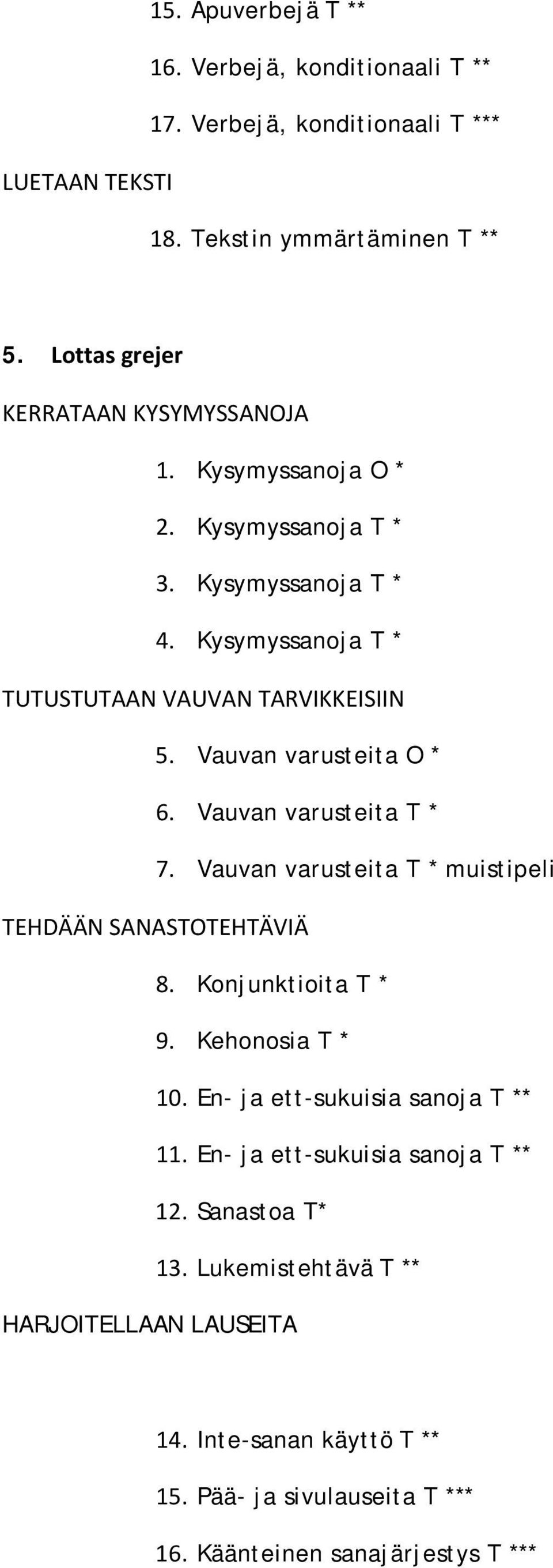 Vauvan varusteita O * 6. Vauvan varusteita T * 7. Vauvan varusteita T * muistipeli TEHDÄÄN SANASTOTEHTÄVIÄ 8. Konjunktioita T * 9. Kehonosia T * 10.