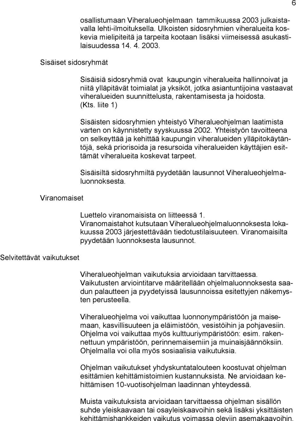 Sisäisiä sidosryhmiä ovat kaupungin viheralueita hallinnoivat ja niitä ylläpitävät toimialat ja yksiköt, jotka asiantuntijoina vastaavat viheralueiden suunnittelusta, rakentamisesta ja hoidosta. (Kts.