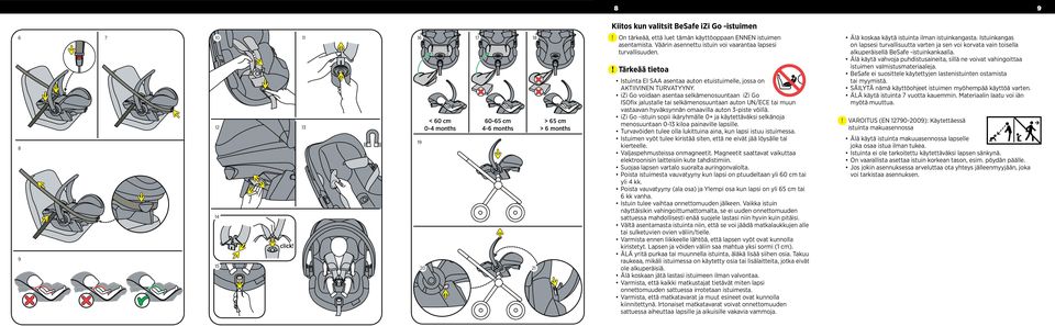 izi Go voidaan asentaa selkämenosuuntaan izi Go ISOfix jalustalle tai selkämenosuuntaan auton UN/ECE tai muun vastaavan hyväksynnän omaavilla auton 3-piste vöillä.