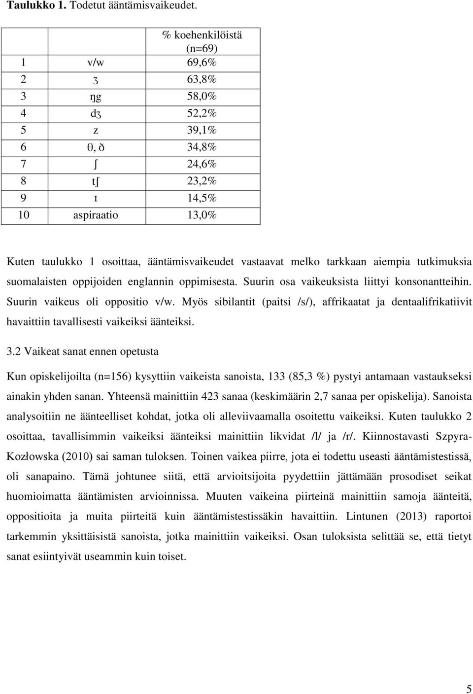 aiempia tutkimuksia suomalaisten oppijoiden englannin oppimisesta. Suurin osa vaikeuksista liittyi konsonantteihin. Suurin vaikeus oli oppositio v/w.