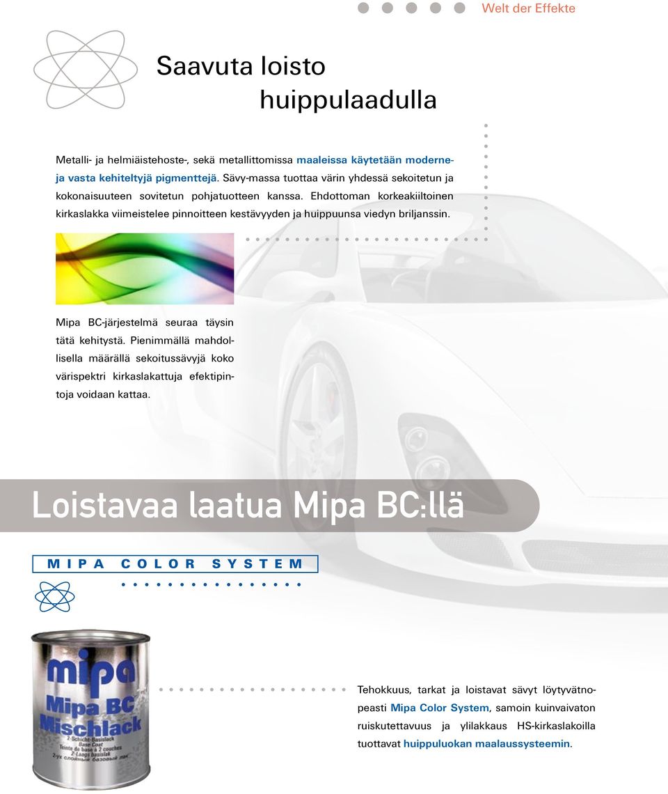 Ehdottoman korkeakiiltoinen kirkaslakka viimeistelee pinnoitteen kestävyyden ja huippuunsa viedyn briljanssin. Mipa BC-järjestelmä seuraa täysin tätä kehitystä.