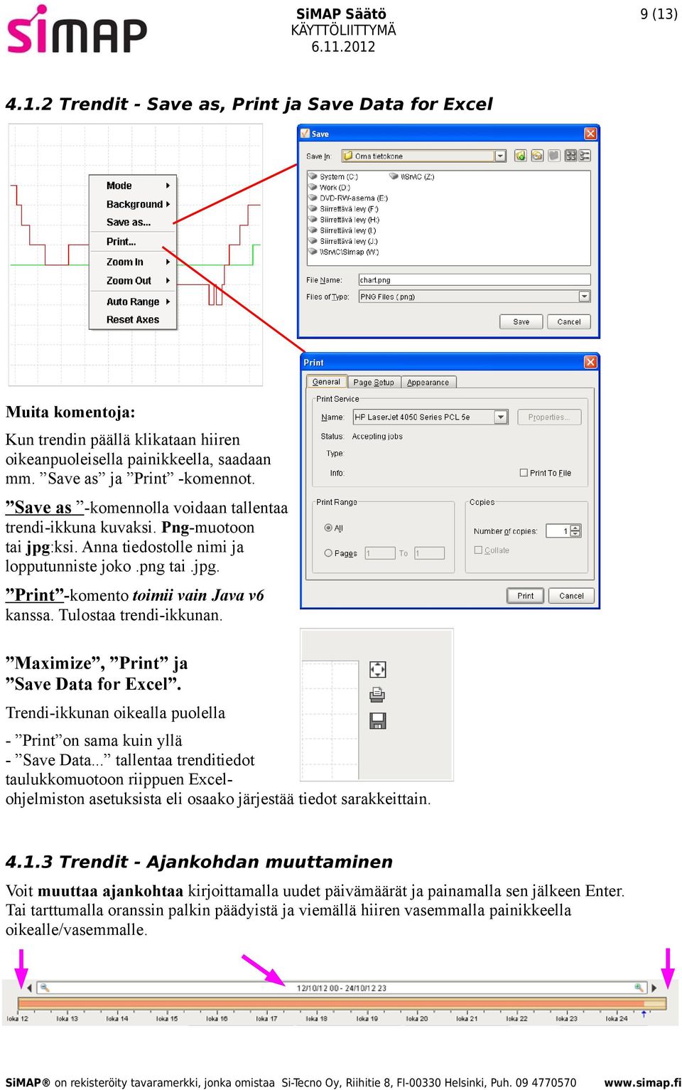 Tulostaa trendi-ikkunan. Maximize, Print ja Save Data for Excel. Trendi-ikkunan oikealla puolella - Print on sama kuin yllä - Save Data.