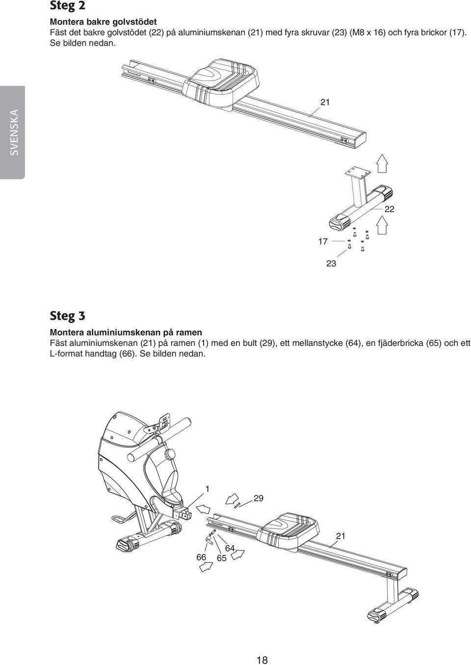 SVENSKA 22 Steg 3 Montera aluminiumskenan på ramen Fäst aluminiumskenan () på ramen (1) med