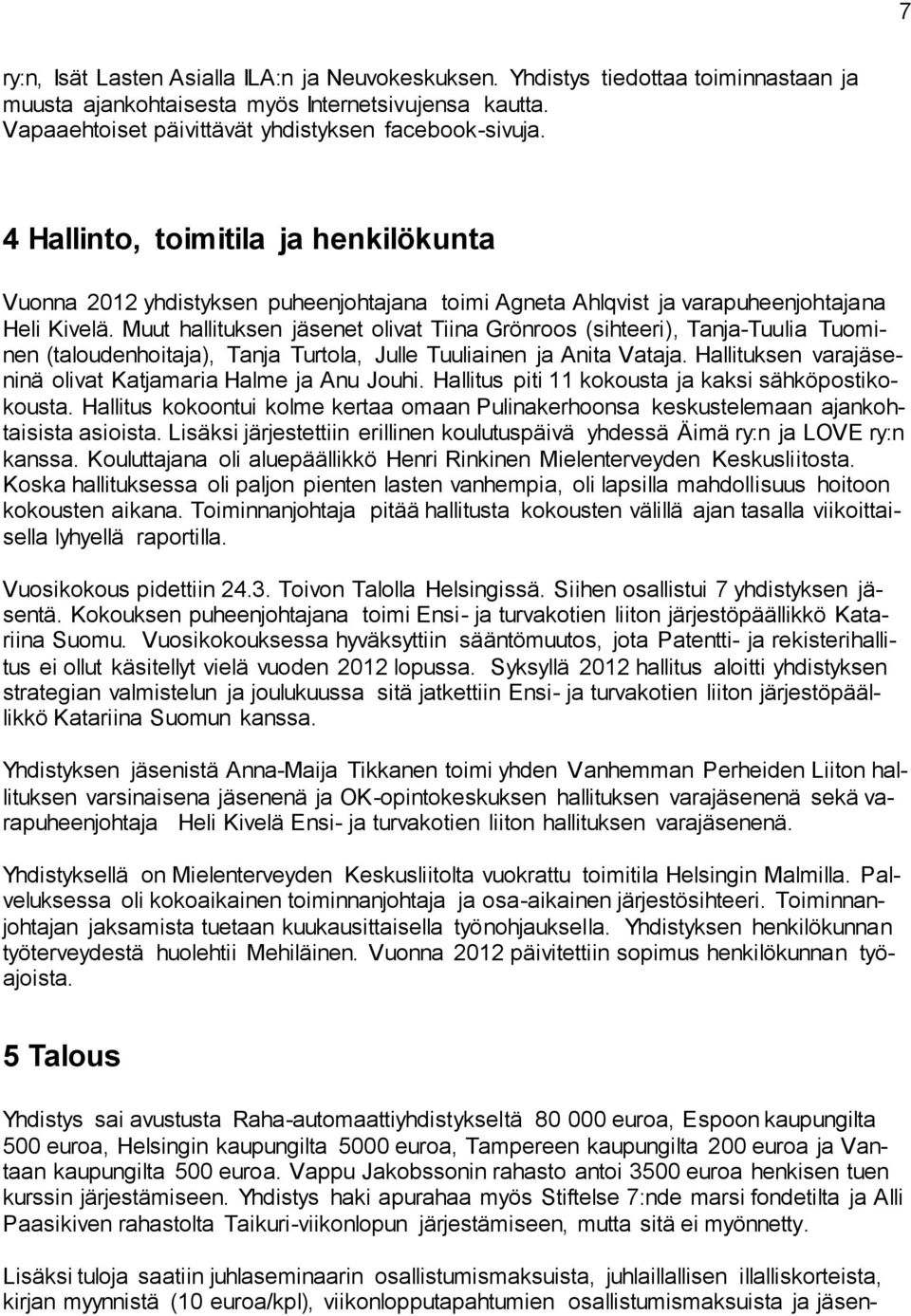 Muut hallituksen jäsenet olivat Tiina Grönroos (sihteeri), Tanja-Tuulia Tuominen (taloudenhoitaja), Tanja Turtola, Julle Tuuliainen ja Anita Vataja.