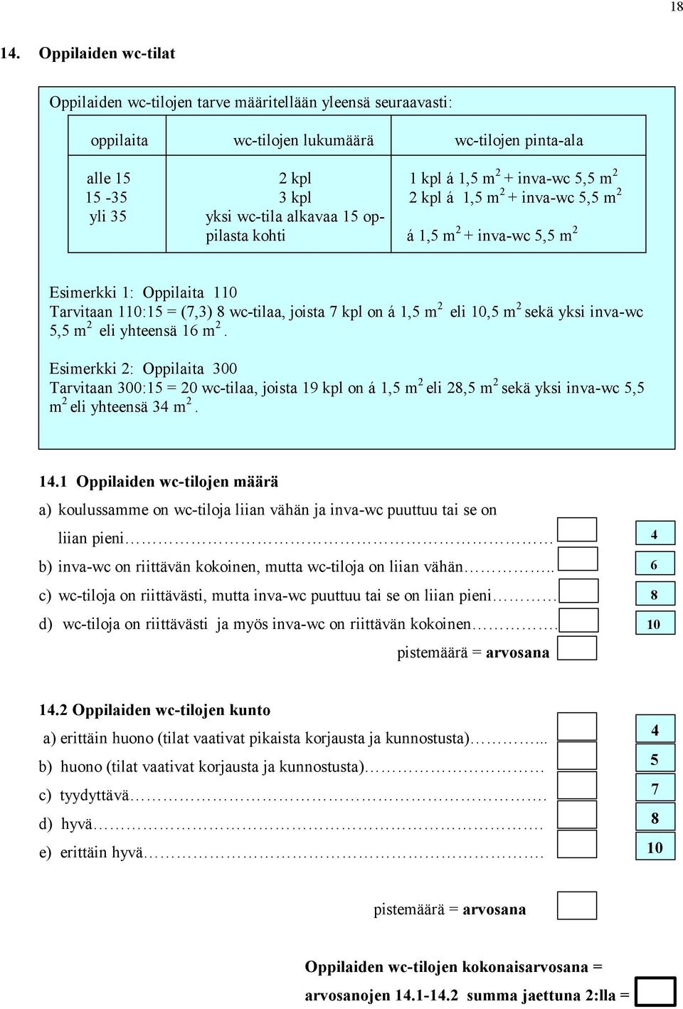 yhteensä m. Esimerkki : Oppilaita 00 Tarvitaan 00:5 = 0 wc-tilaa, joista 9 kpl on á,5 m eli,5 m sekä yksi inva-wc 5,5 m eli yhteensä m.