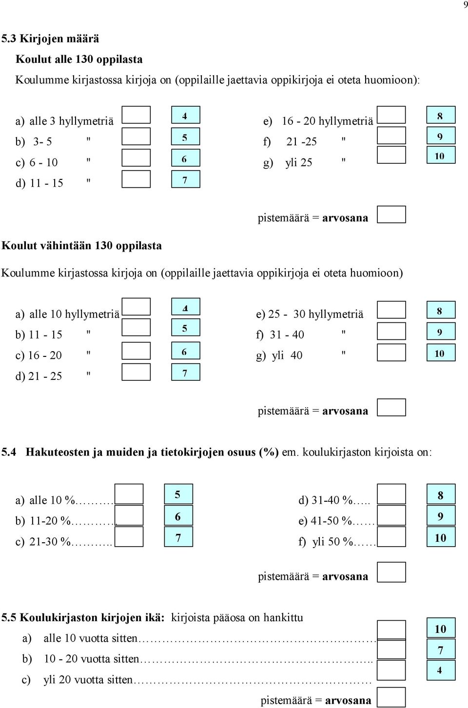 e) 5-0 hyllymetriä b) - 5 " 5 f) - 0 " c) - 0 " g) yli 0 " d) - 5 " 9 0 5. Hakuteosten ja muiden ja tietokirjojen osuus (%) em. koulukirjaston kirjoista on: a) alle 0 %.
