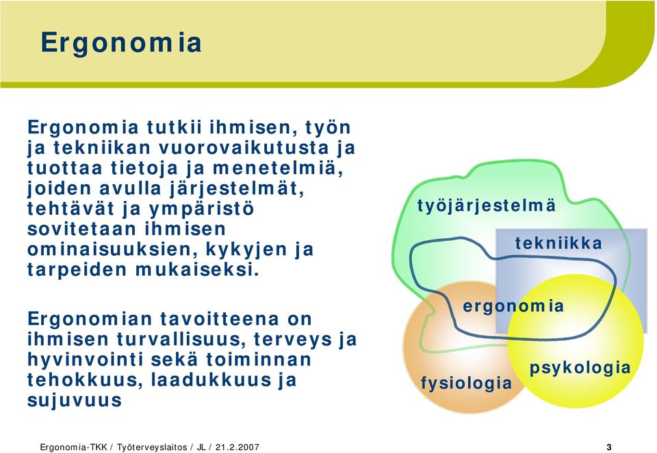 Ergonomian tavoitteena on ihmisen turvallisuus, terveys ja hyvinvointi sekä toiminnan tehokkuus, laadukkuus ja