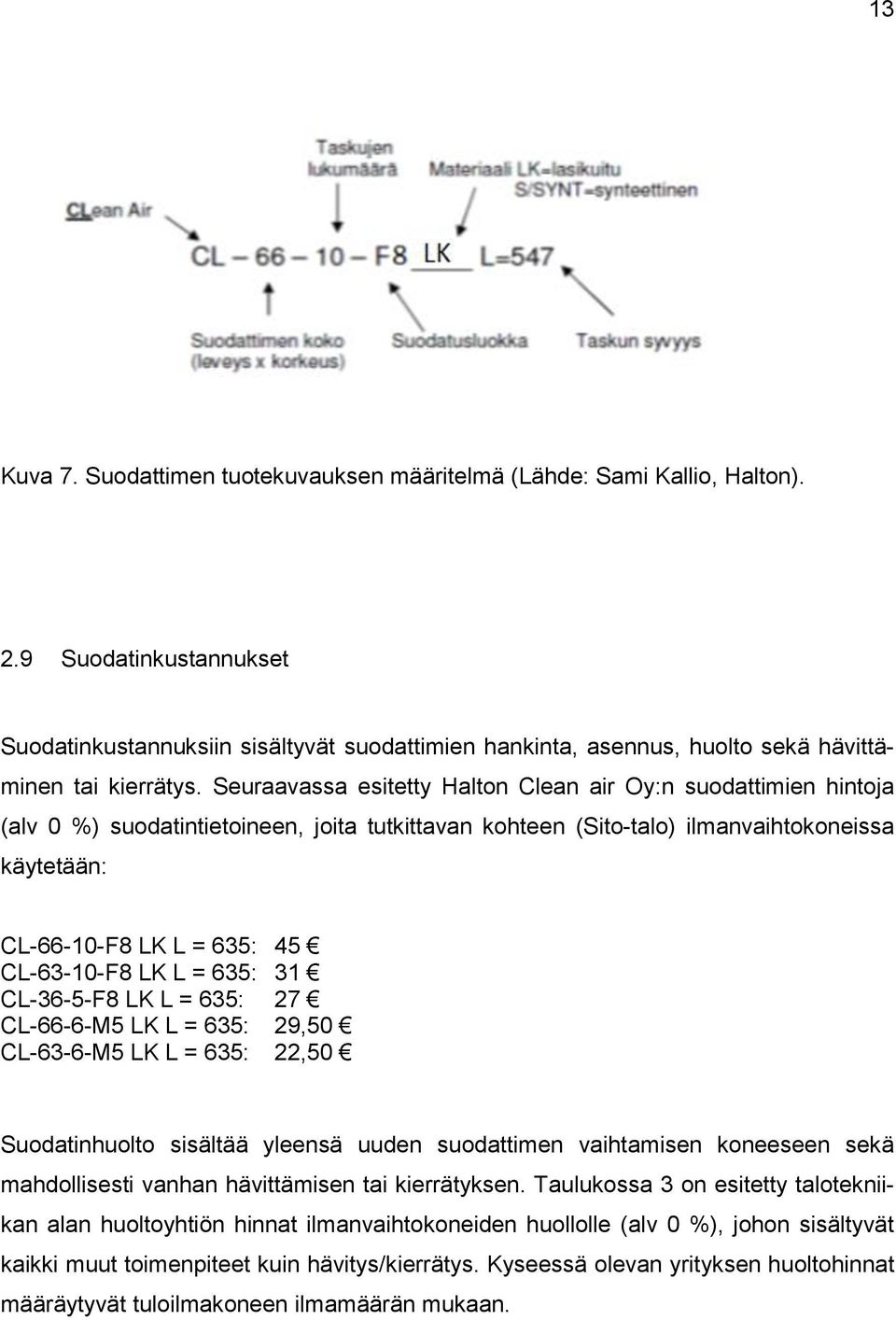 Seuraavassa esitetty Halton Clean air Oy:n suodattimien hintoja (alv 0 %) suodatintietoineen, joita tutkittavan kohteen (Sito-talo) ilmanvaihtokoneissa käytetään: CL-66-10-F8 LK L = 635: 45