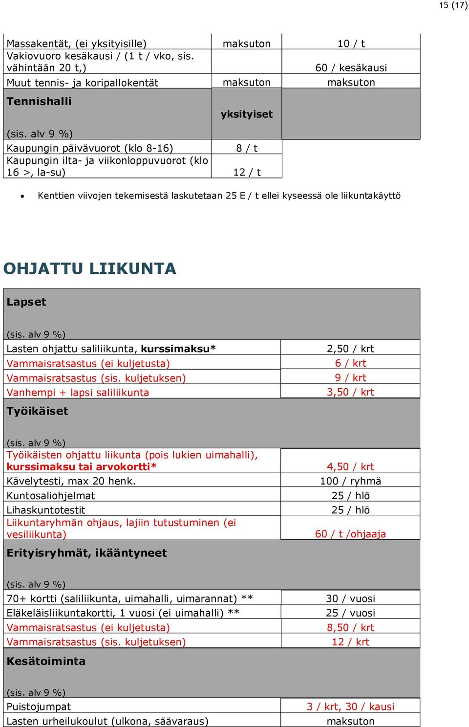 liikuntakäyttö OHJATTU LIIKUNTA Lapset (sis. alv 9 %) Lasten ohjattu saliliikunta, kurssimaksu* Vammaisratsastus (ei kuljetusta) Vammaisratsastus (sis.