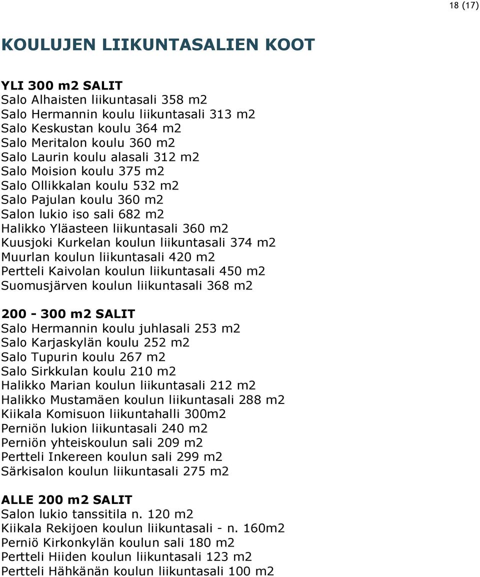 liikuntasali 374 m2 Muurlan koulun liikuntasali 420 m2 Pertteli Kaivolan koulun liikuntasali 450 m2 Suomusjärven koulun liikuntasali 368 m2 200-300 m2 SALIT Salo Hermannin koulu juhlasali 253 m2 Salo