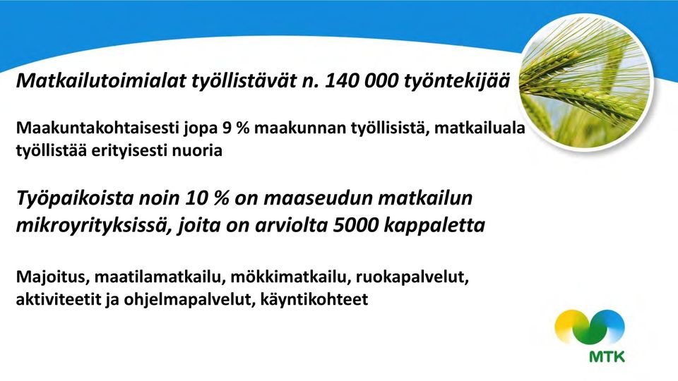 työllistää erityisesti nuoria Työpaikoista noin 10 % on maaseudun matkailun