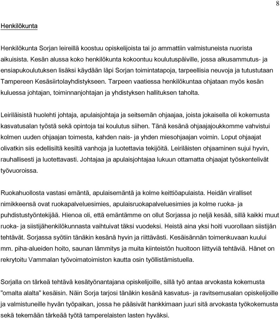 Kesäsiirtolayhdistykseen. Tarpeen vaatiessa henkilökuntaa ohjataan myös kesän kuluessa johtajan, toiminnanjohtajan ja yhdistyksen hallituksen taholta.