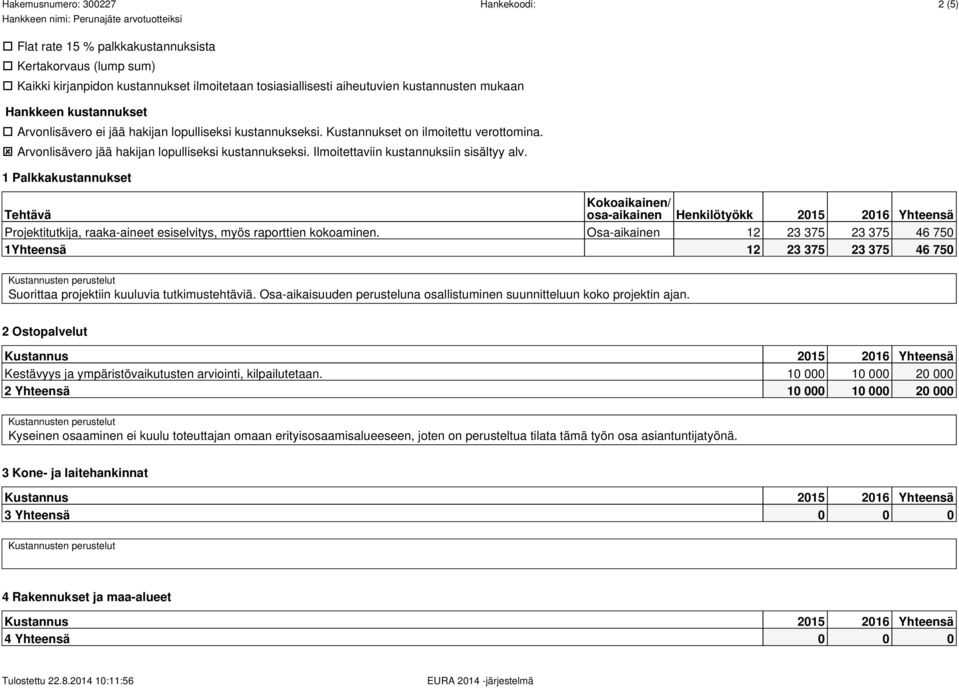 1 Palkkakustannukset Tehtävä Kokoaikainen/ osa-aikainen Henkilötyökk Projektitutkija, raaka-aineet esiselvitys, myös raporttien kokoaminen.