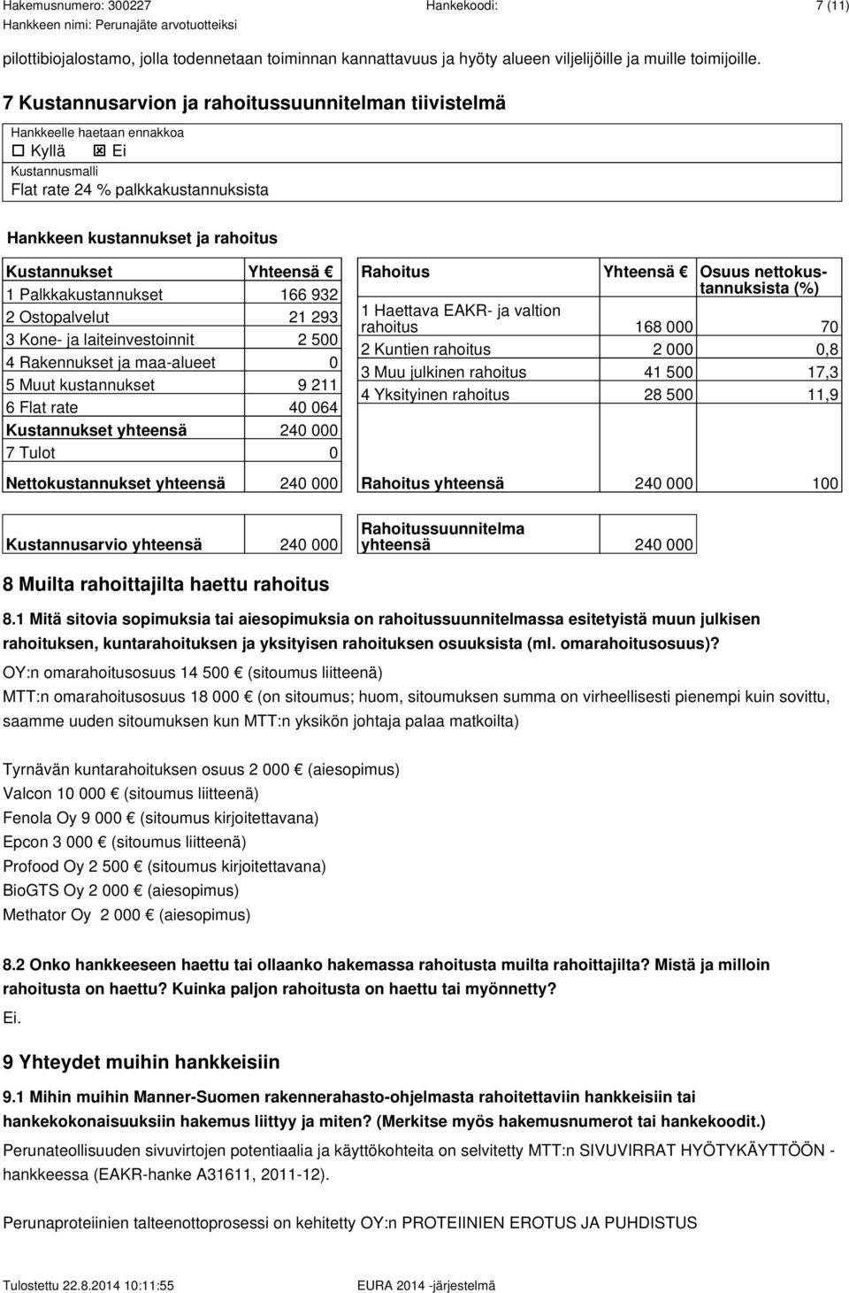 1 Palkkakustannukset 166 932 2 Ostopalvelut 21 293 3 Kone- ja laiteinvestoinnit 2 500 4 Rakennukset ja maa-alueet 0 5 Muut kustannukset 9 211 6 Flat rate 40 064 Kustannukset yhteensä 240 000 7 Tulot